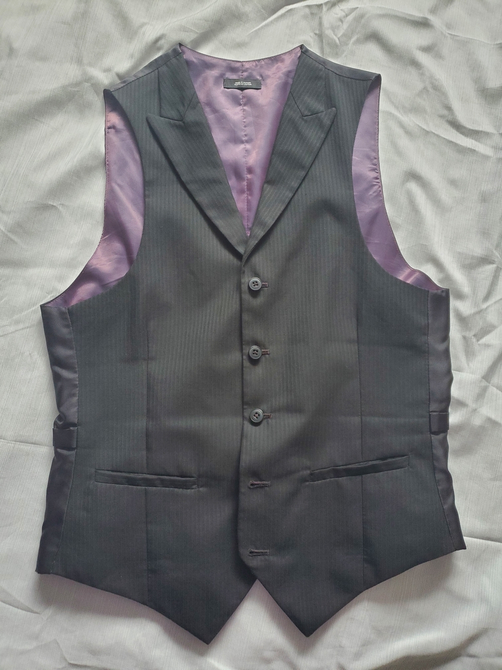 Men's Black Pinstripe Waistcoat Vest with Purple Lining
